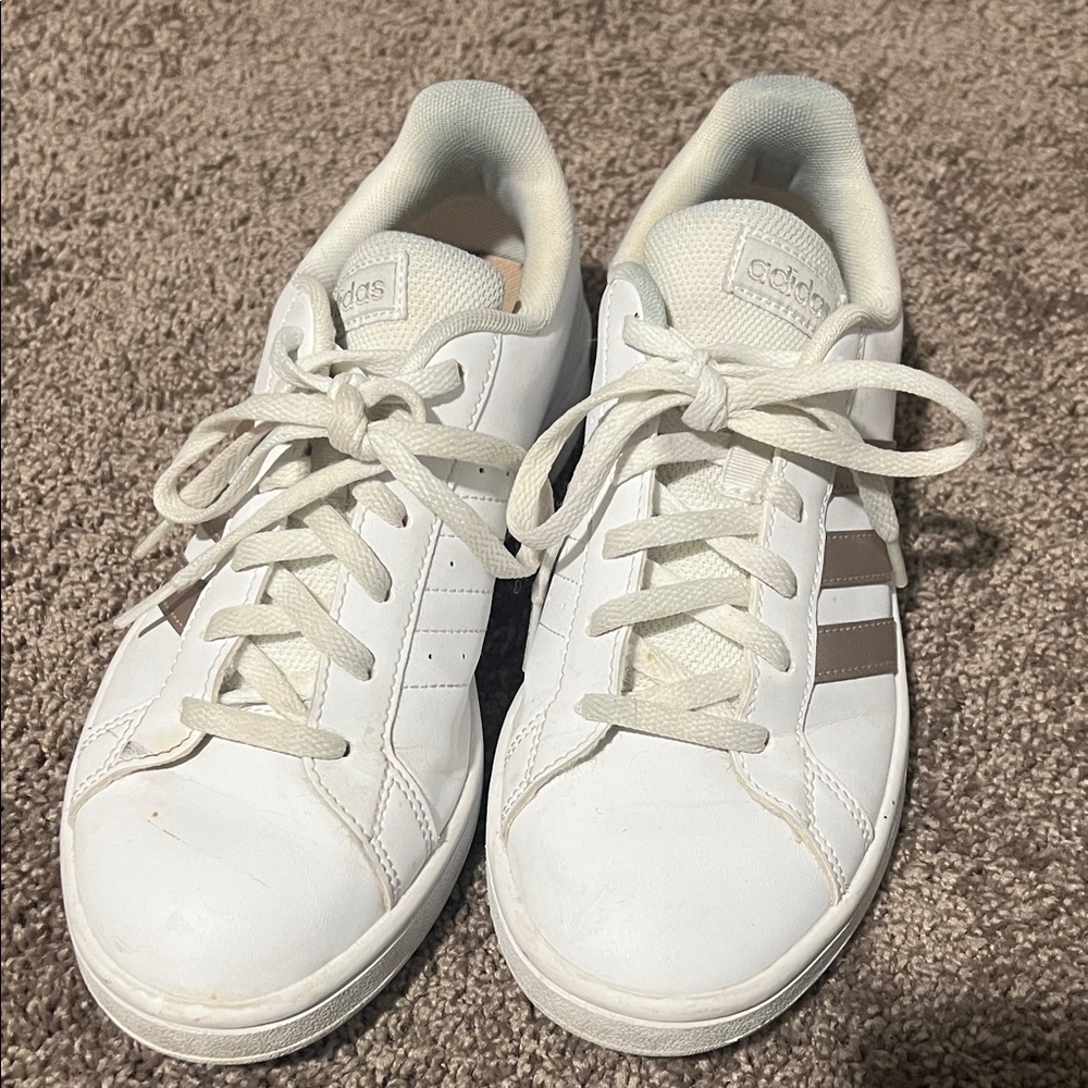 adidas White Leather Low-Top Sneakers with Taupe Stripes